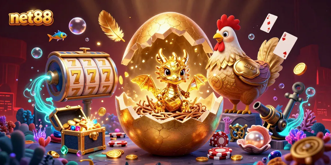 Engage with net88's vibrant 3D casino scene featuring a golden dragon and slot elements.