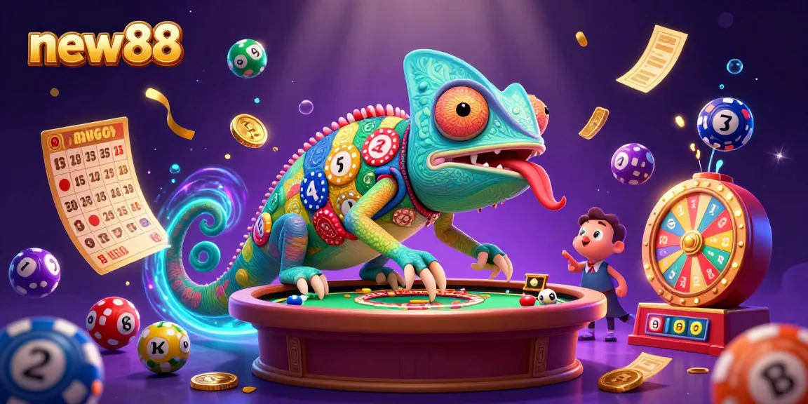 Experience the excitement of new88 with a chameleon casino owner amidst colorful lottery and gaming elements.