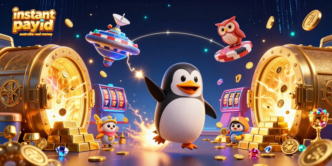 Experience instant payid pokies in Australia real money with a dynamic golden penguin blasting through a casino landscape.