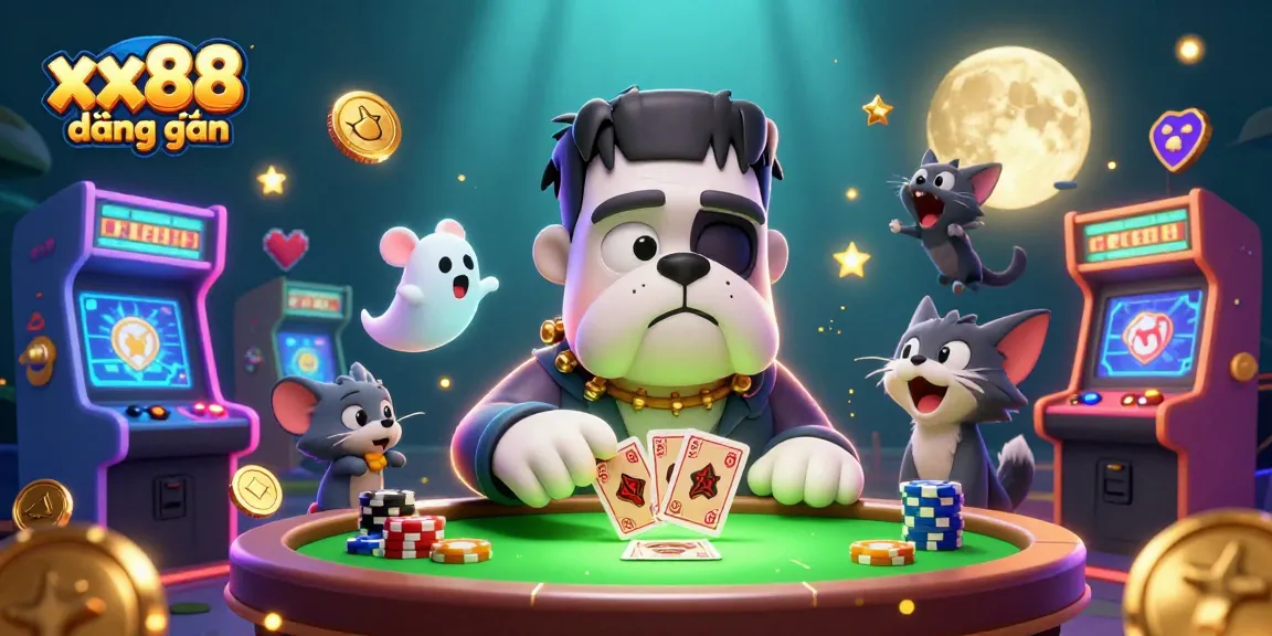 Experience thrilling gameplay with xx88 đăng nhập in a vibrant casino scene featuring a playful Frankenstein bulldog dealer.