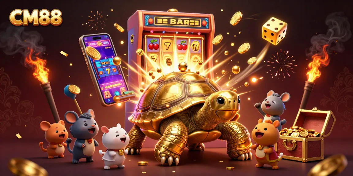 Engage in CM88’s exciting gaming atmosphere with a vibrant illustration featuring dynamic slot machines and playful characters.
