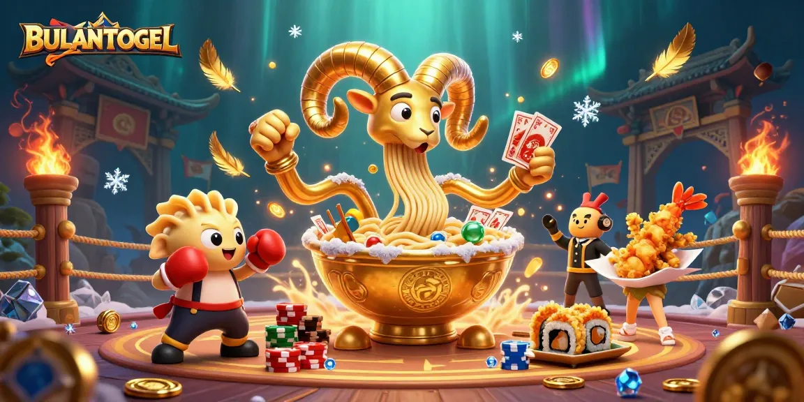 BULANTOGEL showcases a vibrant 3D casino illustration with a giant ramen bowl dealing cards amidst dynamic gaming elements.