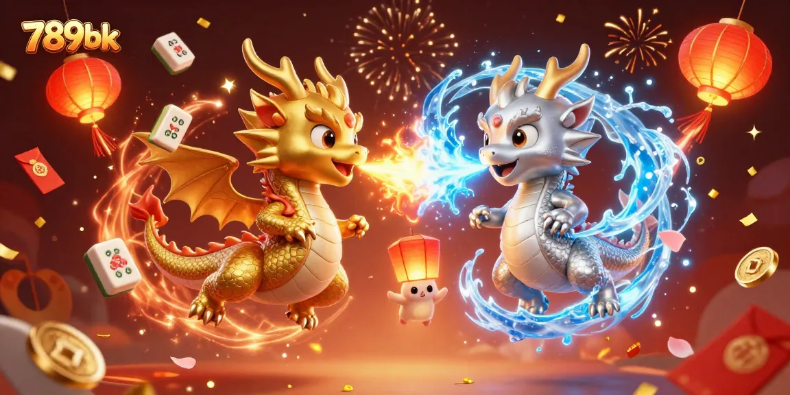 เล่นเกมคาสิโนที่ 789bk โดยมีมังกรทองและเงินต่อสู้กลางอากาศ พร้อมของนำโชค