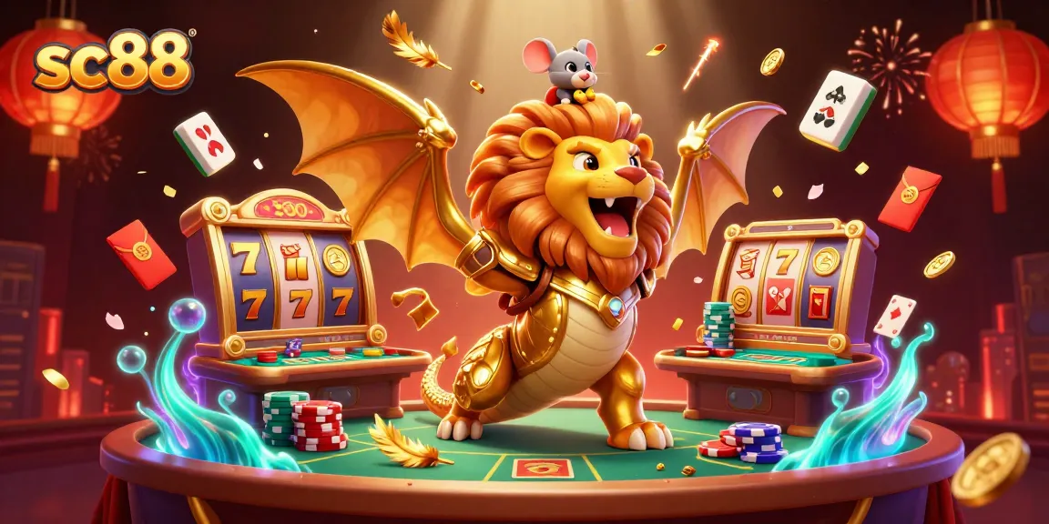 Win thrilling jackpots at sc88, featuring a triumphant chimera-backed mouse amidst casino excitement!