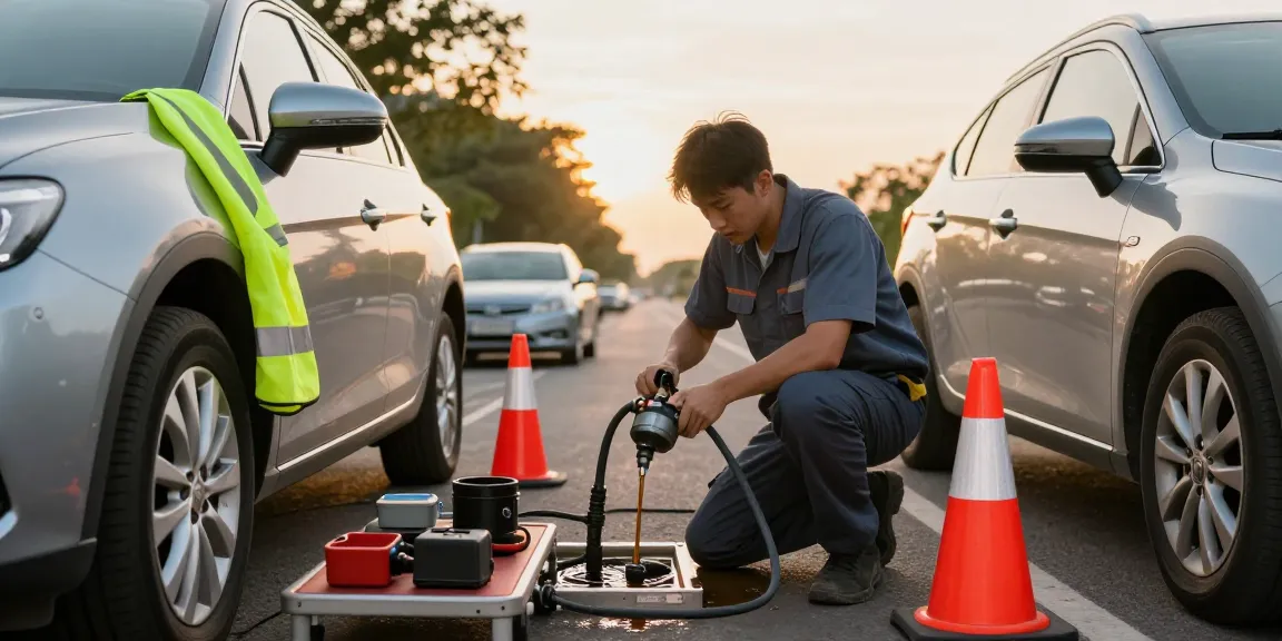 Technician draining wrong fuel in car during roadside assistance service.