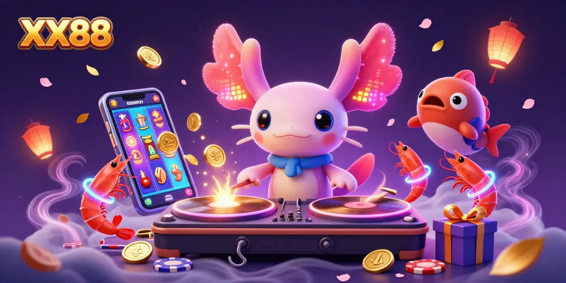 Experience the vibrant gaming world of XX88 with a dynamic underwater party scene filled with neon characters and exciting gambling elements.