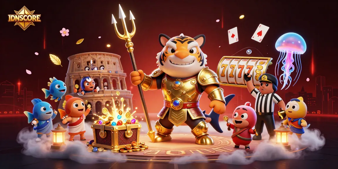 Experience thrilling action with IDNSCORE's vibrant underwater casino adventure featuring a shark and treasures.