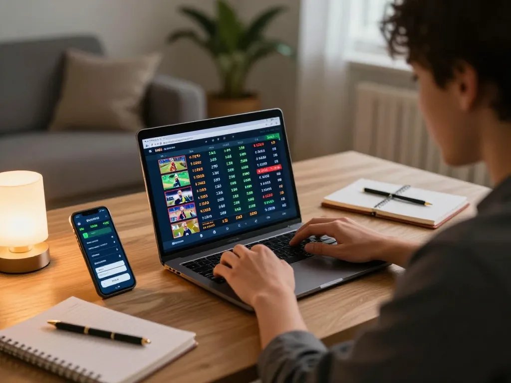 Kèo Nhà Cái Hôm Nay - A focused bettor engaged in online sports betting on a laptop with live odds.
