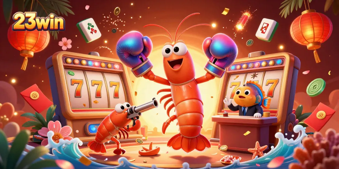 Experience thrilling wins with 23win's vibrant 3D casino illustration showcasing lively game elements and characters.