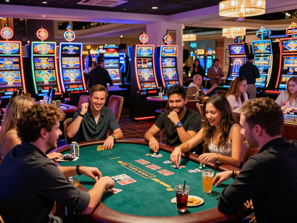 Giocatori entusiasti al casinò non AAMS, con tavoli da gioco e luci brillanti.