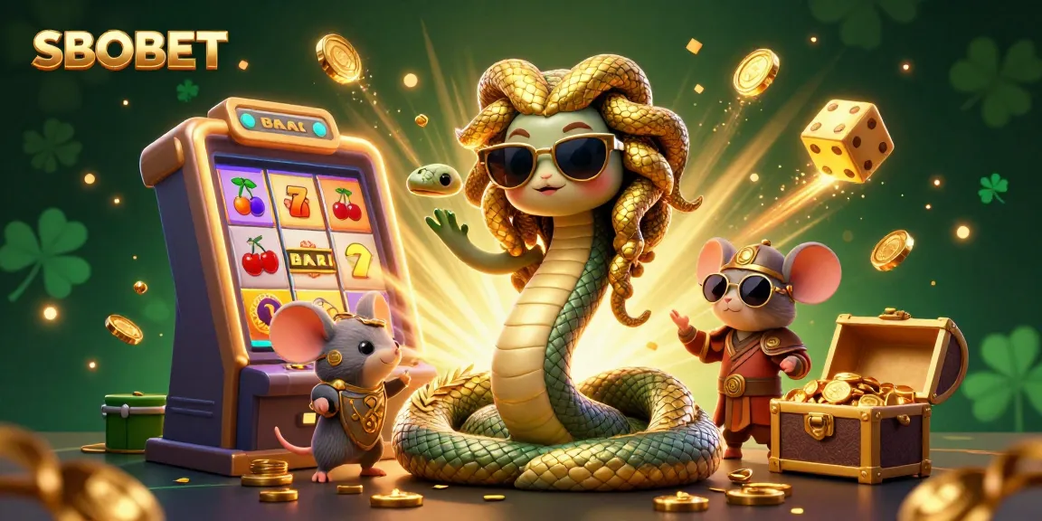 SBOBET players enjoying a vibrant casino experience with Medusa, a mouse warrior, and gold treasures.