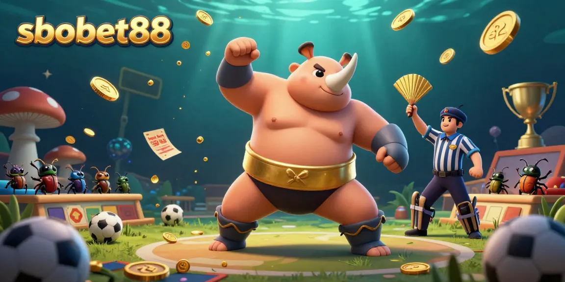 Bet on sbobet88 with a dynamic scene featuring a rhinoceros beetle sumo champion amidst sports elements and golden coins.