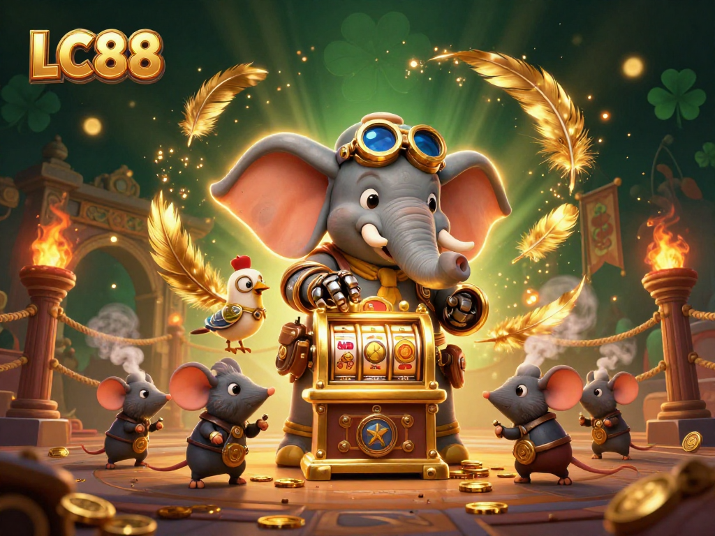 Spin the LC88 slot machine with a steampunk elephant engineer amidst a vibrant casino scene.