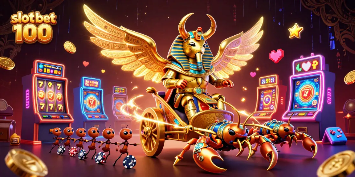 Experience excitement with slot bet 100 as a golden scarab and scorpions surround colorful slot machines.