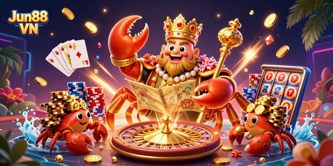 Spin and win at Jun88 VN with vibrant casino elements and a golden crab emperor