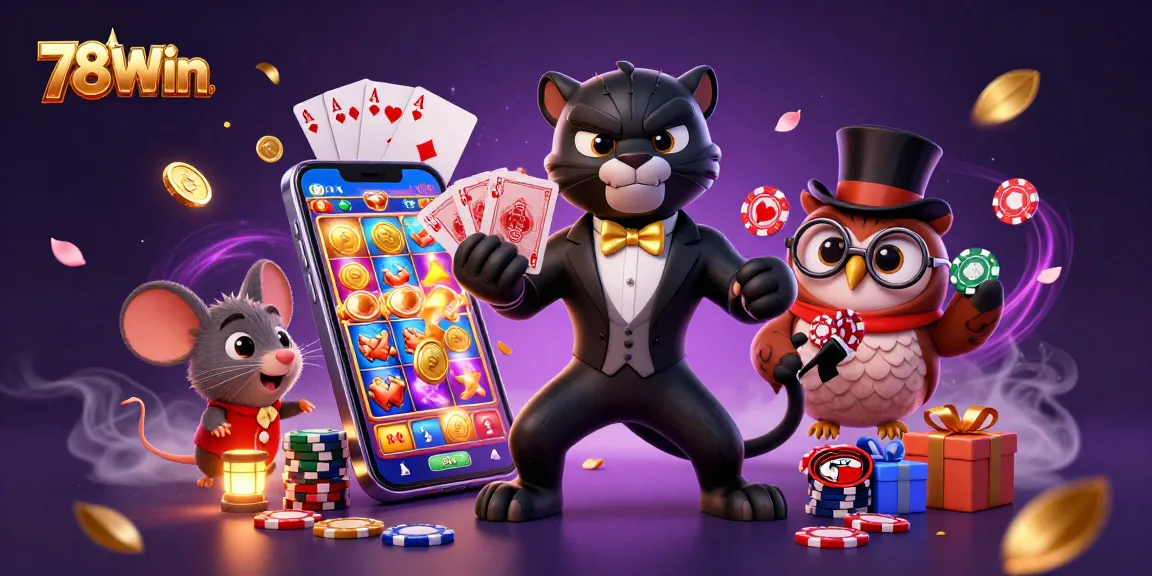 Experience the excitement of 78Win with a stylish panther dealer in a vibrant casino illustration.