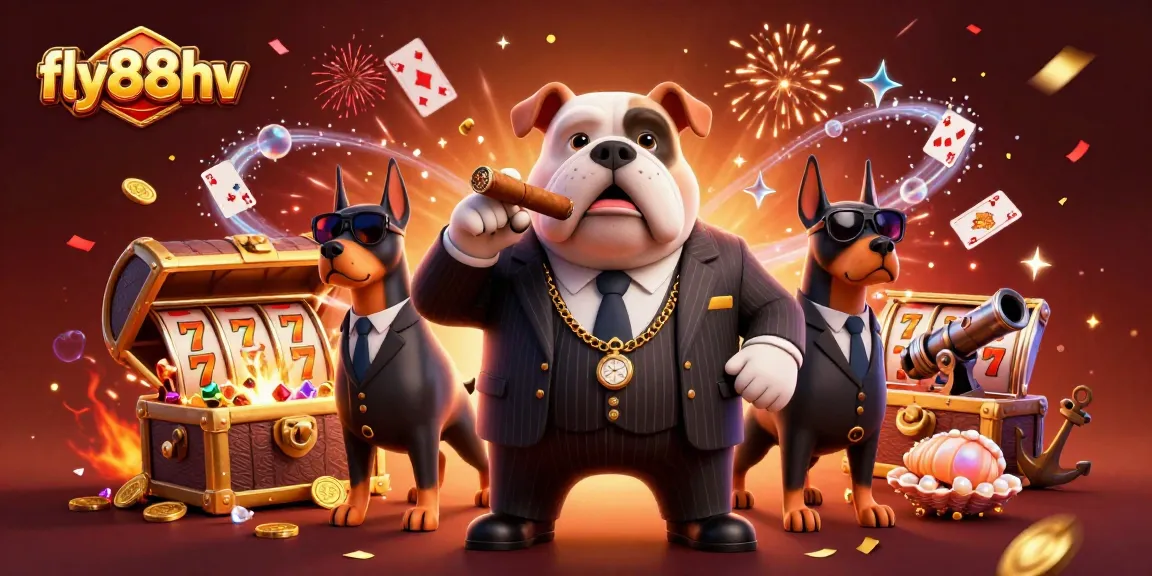 Experience thrilling gameplay with fly88hv as a mafia boss bulldog oversees a bustling casino atmosphere.