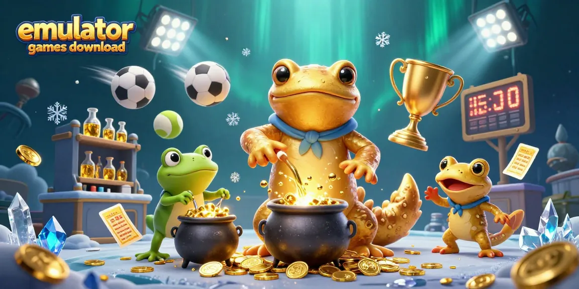 Engage with emulator games download in a vibrant 3D scene with alchemist characters and sports elements.