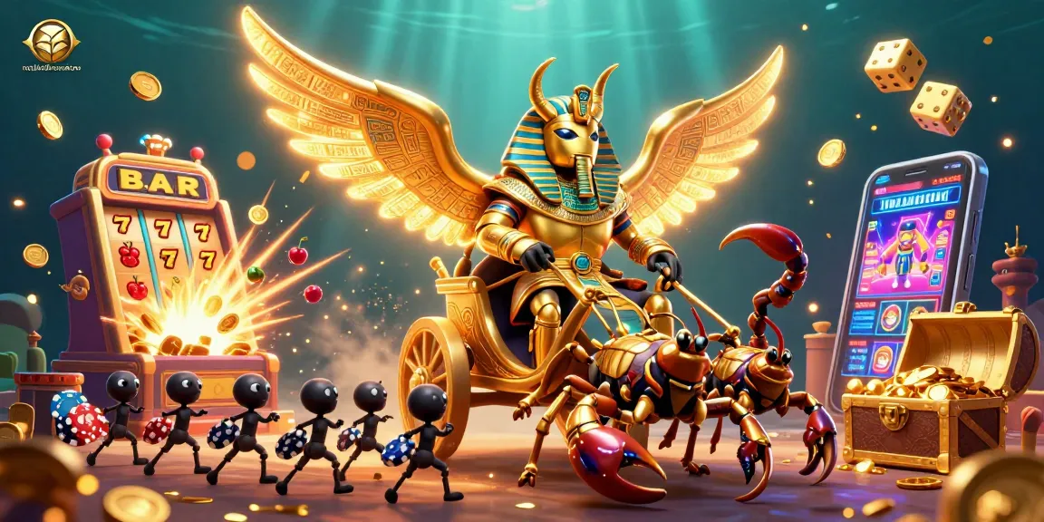 Experience slots with rosalindinnovations' vibrant golden beetle casino scene, symbols and riches flying everywhere.