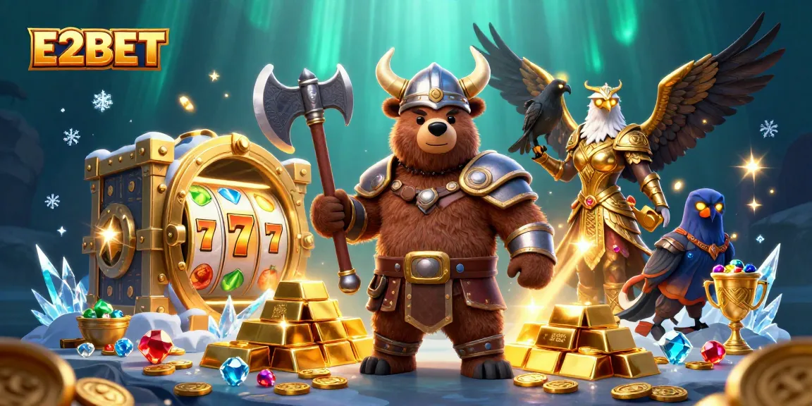 E2BET showcases a dynamic Viking casino scene with animated characters and slot game elements.