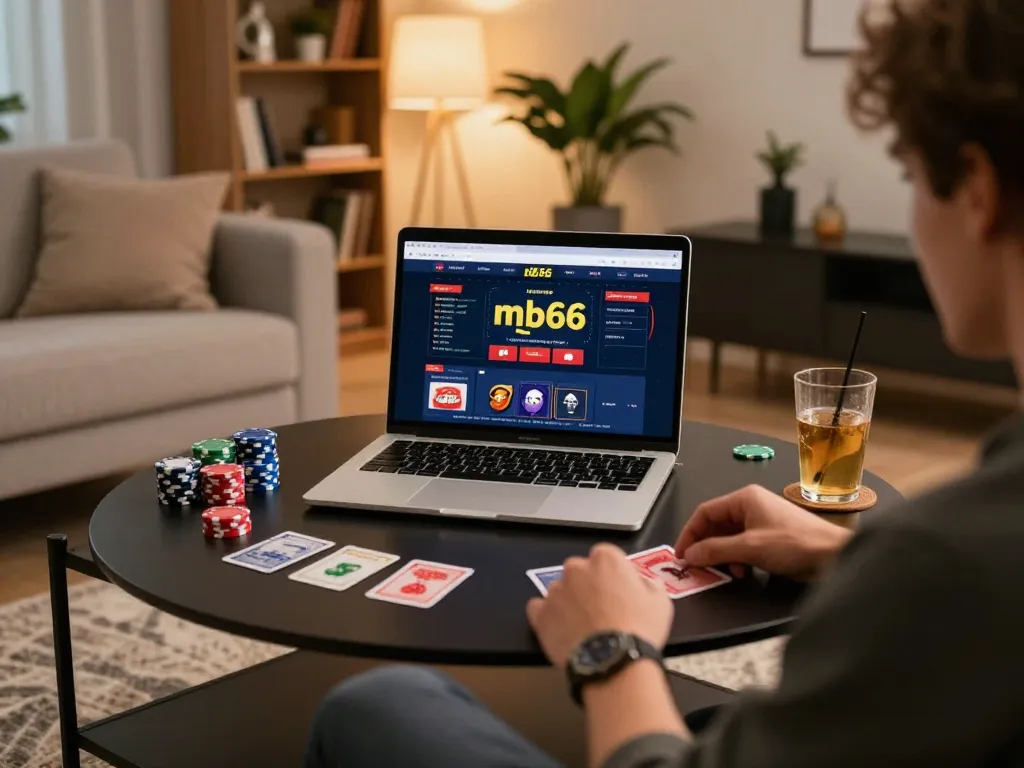 Engaging mb66 online casino gaming scene showing a player in a cozy setting.