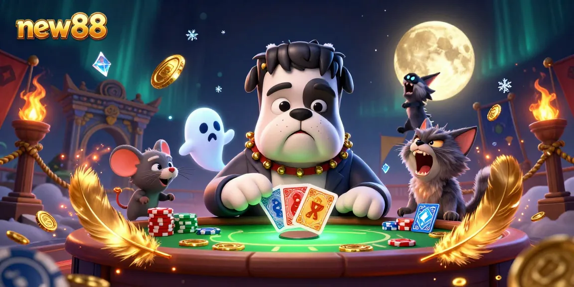 Experience thrilling card games at new88 with a spooky 3D illustration featuring unique characters.
