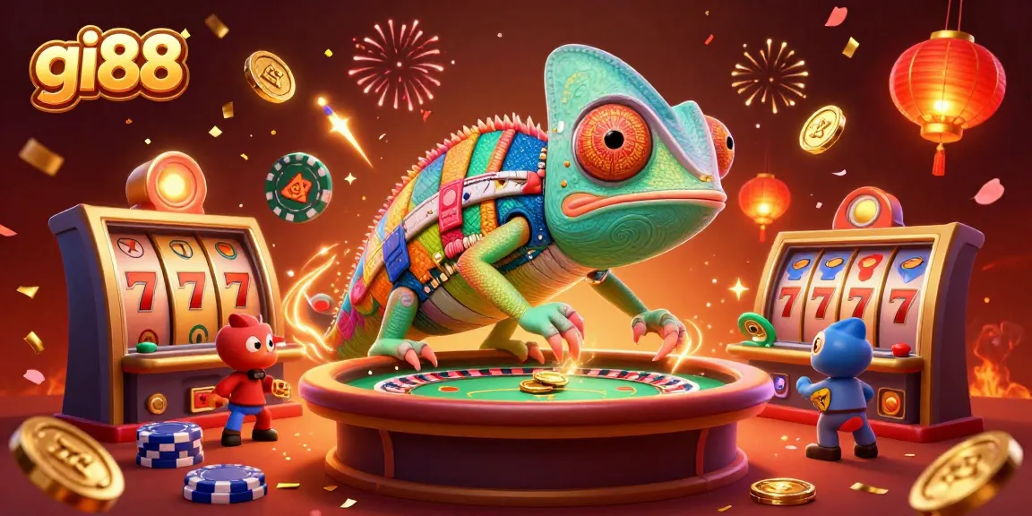 Experience thrilling wins at gi88 with a vibrant 3D chameleon casino owner amid exciting game elements.