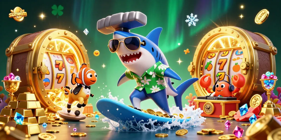 Engage with sunwim's thrilling casino experience featuring a shark surfing golden coins surrounded by casino symbols.