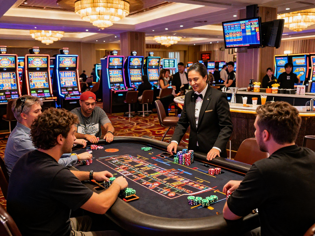 Giocatori al tavolo della roulette in un casinò non AAMS, ambiente vivace con decorazioni lussuose.