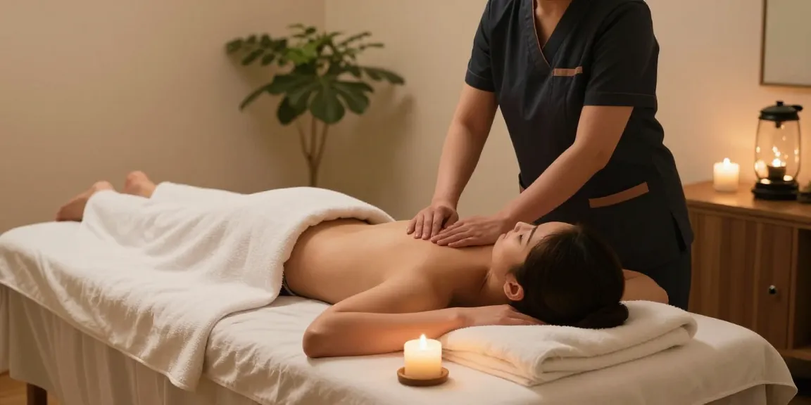 Relaxing 부천출장마사지 experience in a tranquil spa environment with soothing decor and candles.