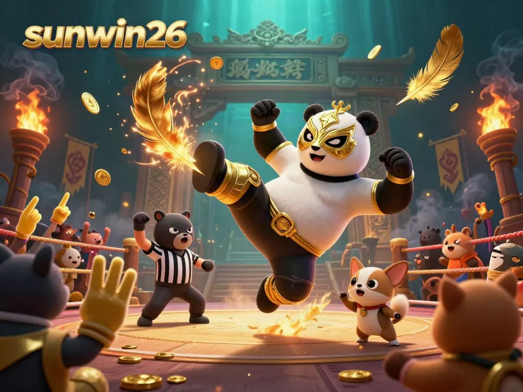 Experience high-stakes action in sunwin26 with an animated wrestling panda and energetic crowd in a vibrant casino arena.