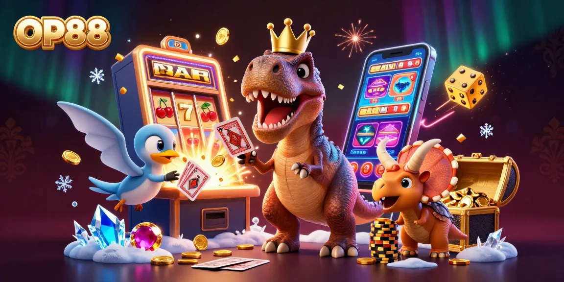 Engage in OP88's vibrant casino experience with a T-Rex shuffling cards and golden chips stacking.