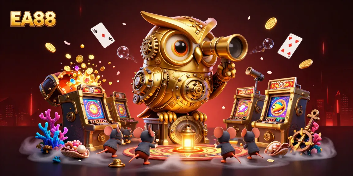 Experience stunning gaming action at EA88 with a golden owl and charming casino elements.