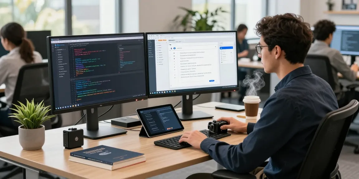 Developer building internal tools with AI in a modern workspace, surrounded by tech gadgets and vibrant atmosphere.