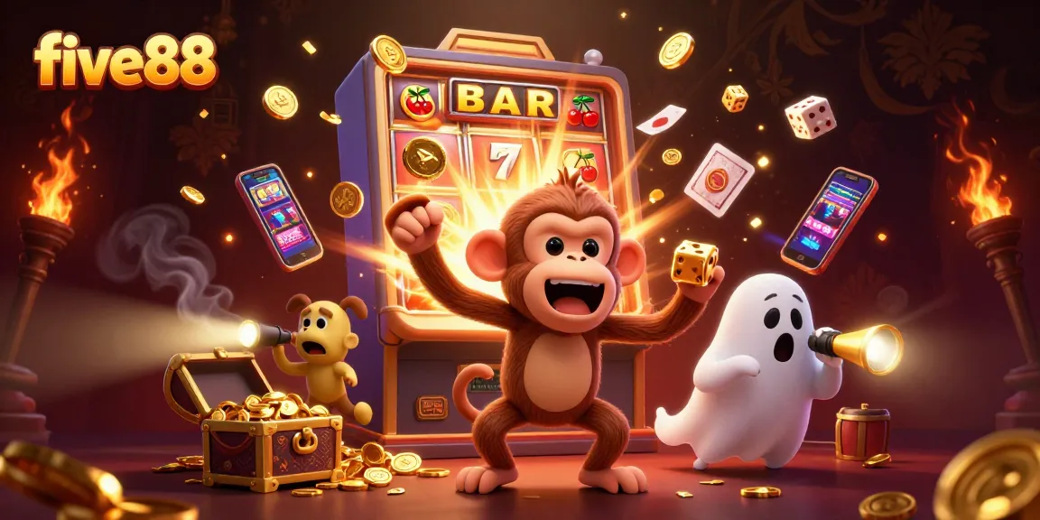 Experience the five88 jackpot adventure with a playful poltergeist monkey and a curious ghost-hunter puppy in a haunted casino.