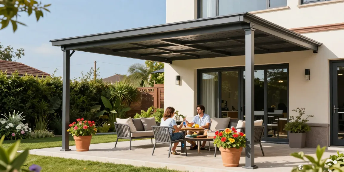Moderne Terrassenüberdachung in einem einladenden Gartenambiente mit Familienaktivitäten.
