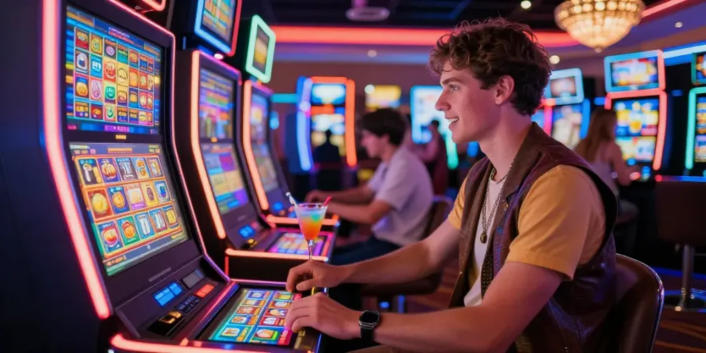 Player enjoying the DiscoWin casino experience with colorful slot machines and neon lights.