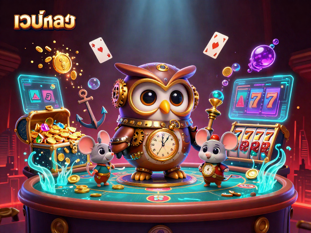 Engage in thrilling gameplay at เว็บตรง with an ultra-detailed casino scene featuring a time-traveling owl and game elements.