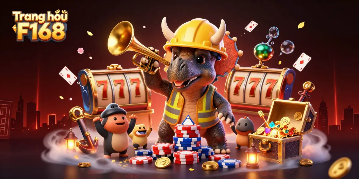 Experience the excitement of Trang chủ F168 with a vibrant illustration of gambling elements and dynamic characters.