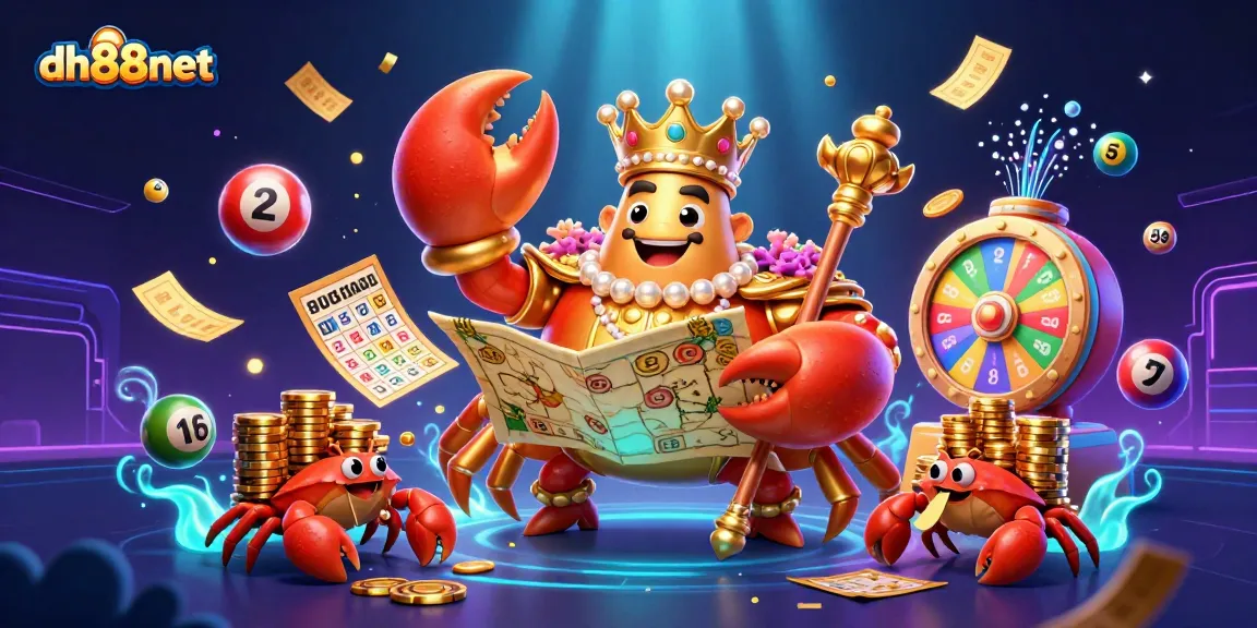 Engage with dh88net's vibrant casino world featuring a golden crab emperor amid lively game rewards and lottery excitement.
