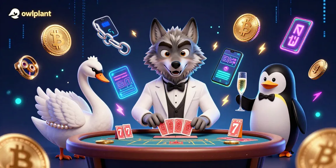 owlplant showcases a vibrant scene with a debonair wolf at a baccarat table, elegant swan, and penguin sommelier.