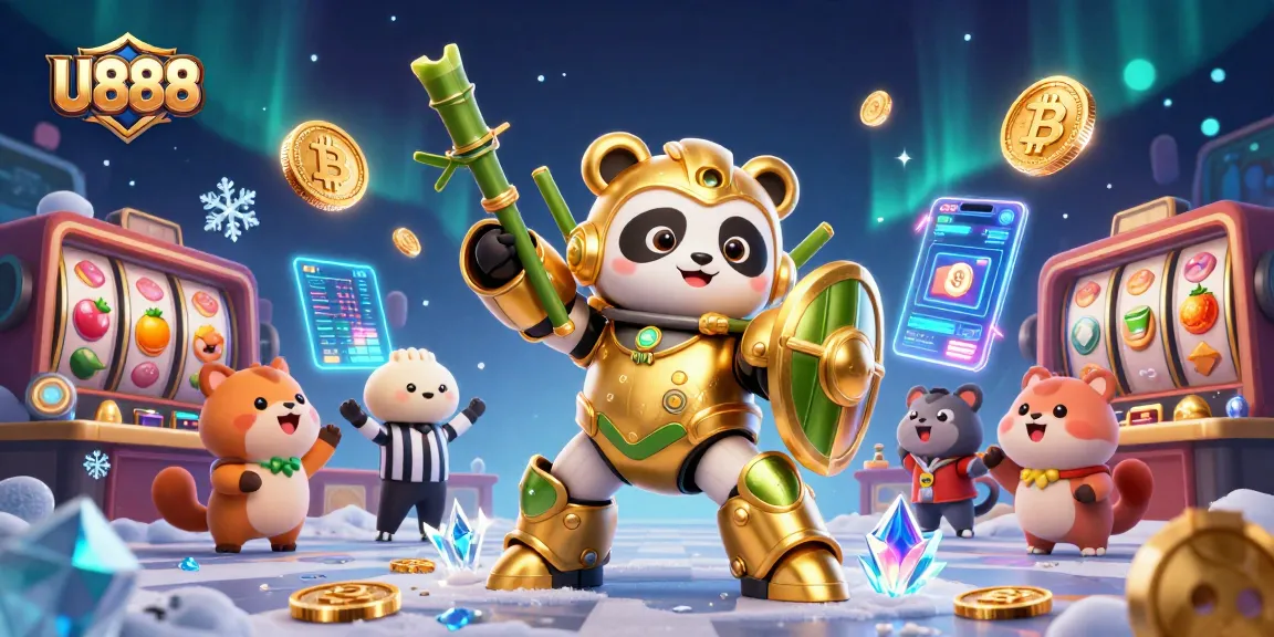Experience U888 in a vibrant casino scene with 3D characters and crypto elements.