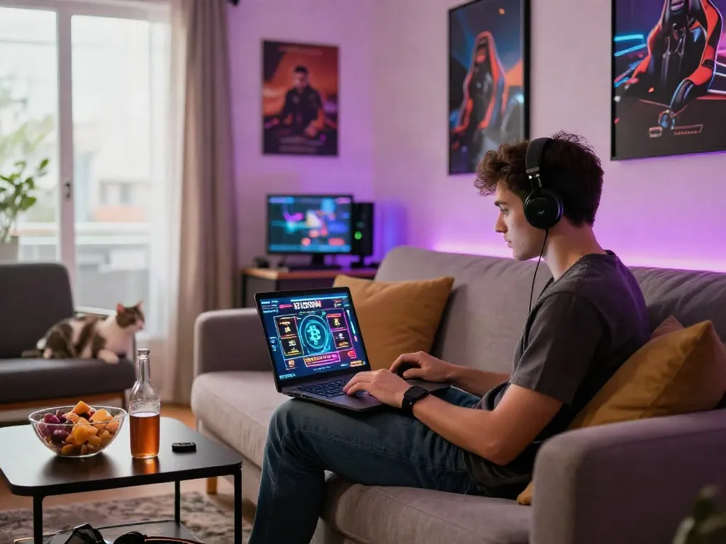 Youth enjoying a Bitcoin casino gaming session at home.