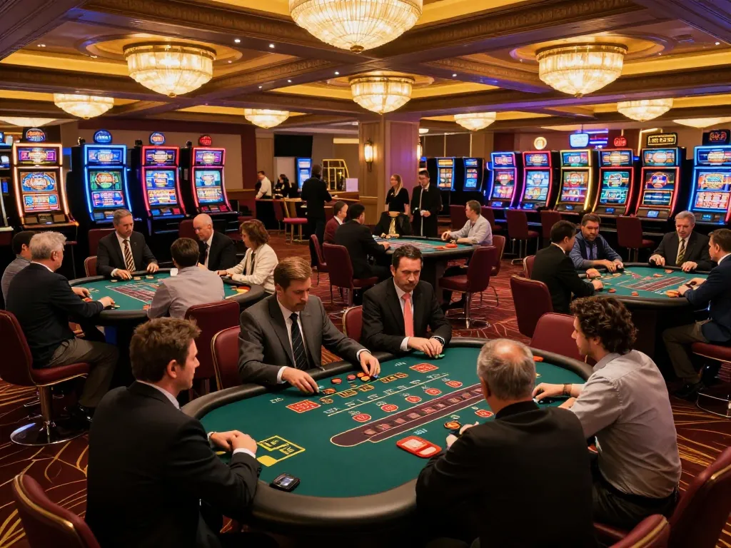 Players strategizing their bets at fun88's blackjack tables in a vibrant casino.