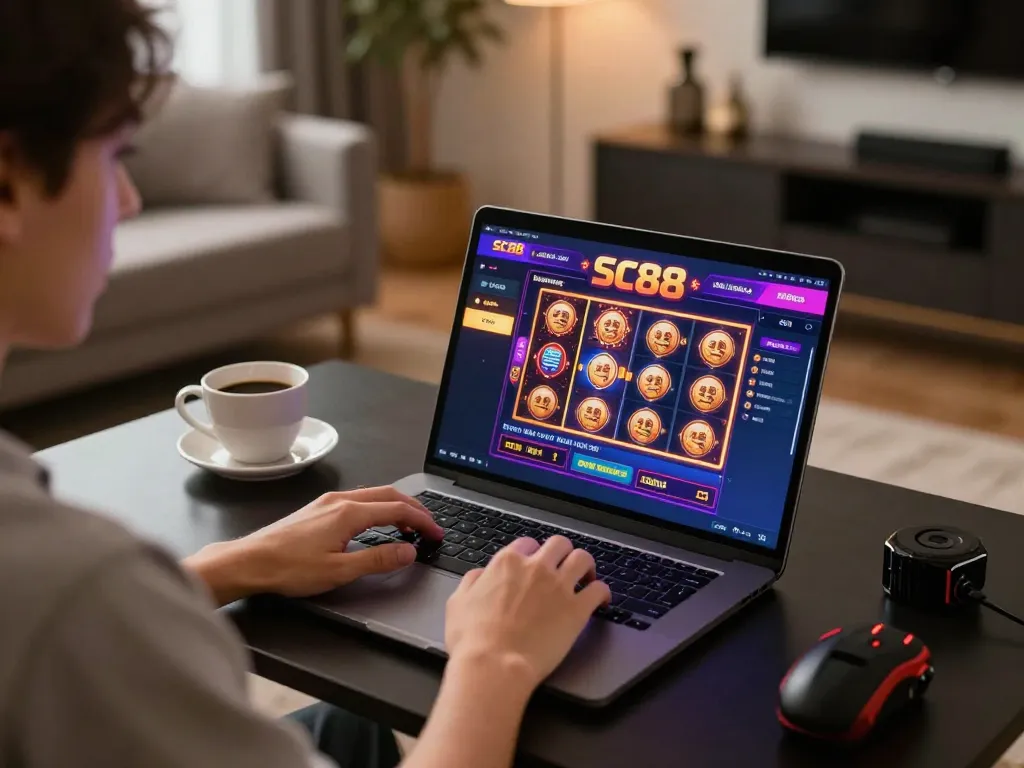 Engaged player enjoying sc88 casino slots on a laptop in a cozy home setting.