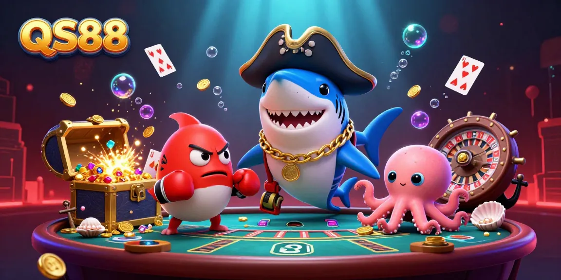 Engage with QS88 in an exciting underwater-themed casino illustration featuring vibrant characters and gaming elements.