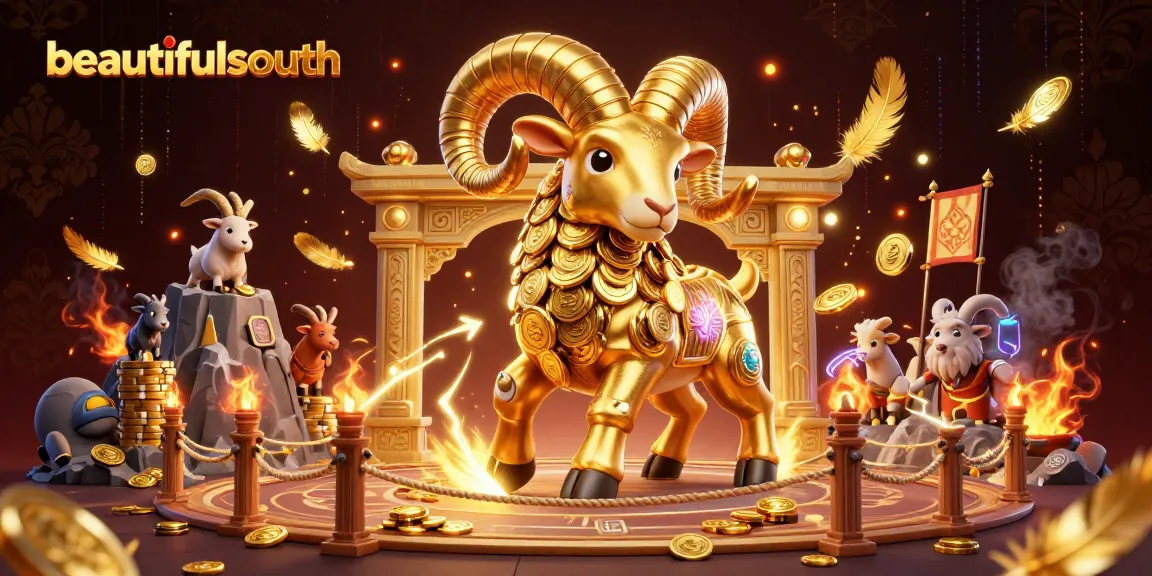 Interact with beautifulsouth's immersive casino scene featuring a golden ram and vibrant game elements.