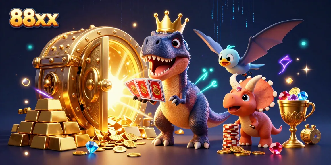 Engage with exciting 88xx online gaming strategies while a T-Rex and friends shuffle cards.