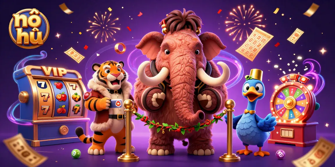Experience nổ hũ excitement with colorful slot reels and casino characters in lively scene