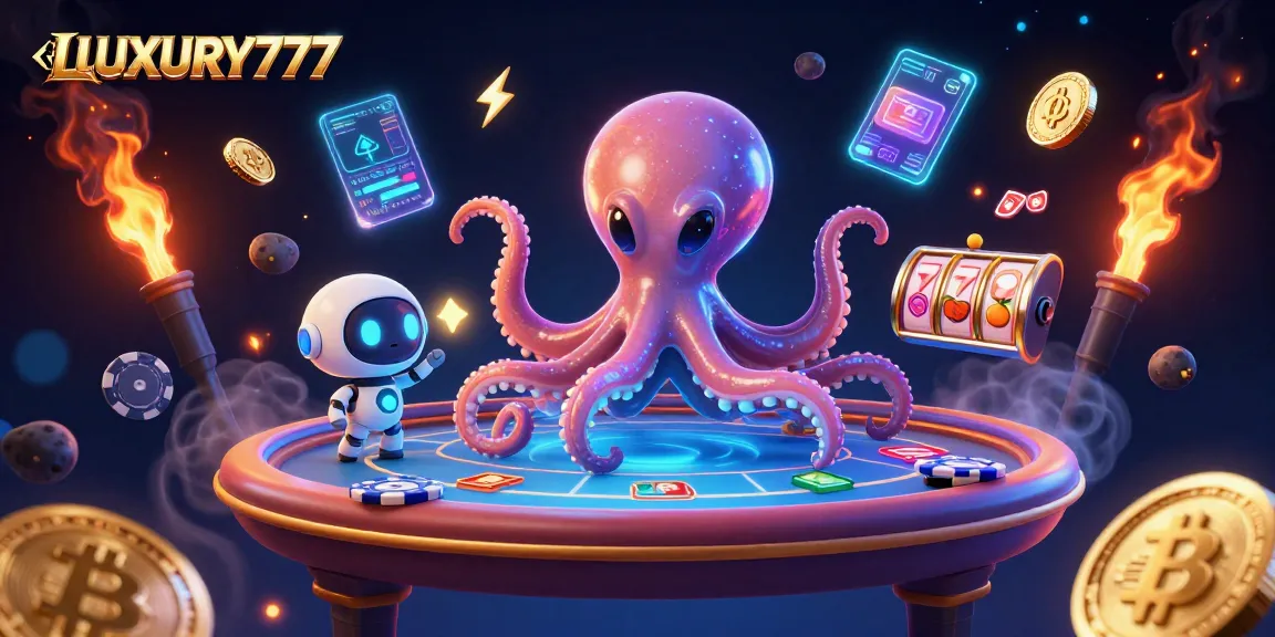 LUXURY777 menghadirkan suasana kasino yang mengasyikkan dengan alien dan robot di atas meja poker.